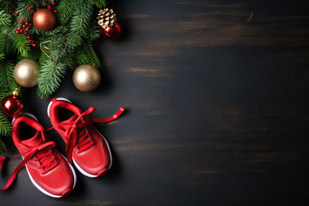 New years running shoe. Healthy lifestyle, new year challenge, fitness trainer sneakers with Christmas decorations, Christmas sport shoes top view, flat lay composition, wide banner on blackの素材