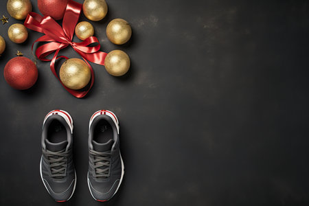 New years running shoe. Healthy lifestyle, new year challenge, fitness trainer sneakers with Christmas decorations, Christmas sport shoes top view, flat lay composition, wide banner on blackの素材