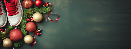 New years running shoe. Healthy lifestyle, new year challenge, fitness trainer sneakers with Christmas decorations, Christmas sport shoes top view, flat lay composition, wide banner on greenの素材