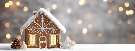 Christmas gingerbread house decoration on white background of defocused golden lights. Christmas wide banner backdrop adorned with holiday decorations and the soft shimmerの素材