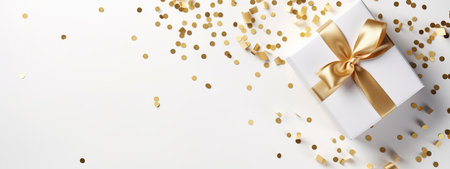 Christmas and New Year Holiday Background with white gold Gifts, Greeting Card, wide banner, festive decorated fairy bokeh lights, Blurred de-focused garland lights, gold bokehの素材