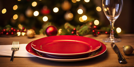 Festive christmas dinner setting. Seasonal holiday dining background. Christmas New Year's hollidays, Festive decorated fairy bokeh lights, Blurred de-focused garland lights, gold bokehの素材