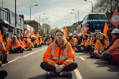Protest activists wearing hi vis yellow orange jacket sit on a road and block traffic, crowd of protesters people fighting for their rights, A political activist protestingの素材