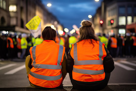 Protest activists wearing hi vis yellow orange jacket sit on a road and block traffic, crowd of protesters people fighting for their rights, A political activist protestingの素材