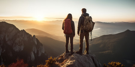 Couple man and woman hikers on top of a mountain at sunset or sunrise, together enjoying their climbing success and the breathtaking view, looking towards the horizonの素材