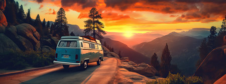 A van traveling at sunset in nature on a canyon path for a road trip to adventure freedomの素材