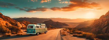 A van traveling at sunset in nature on a canyon path for a road trip to adventure freedomの素材