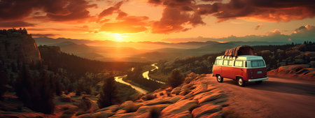 A van traveling at sunset in nature on a canyon path for a road trip to adventure freedomの素材