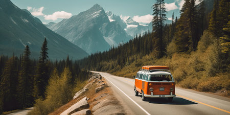 A van traveling in nature on a Mountain path for a road trip to adventure and freedomの素材