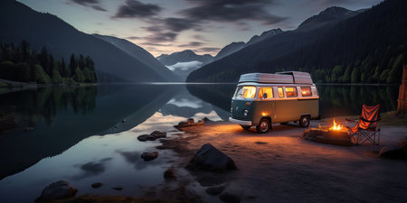 A van traveling at sunset in nature at the Lake in the mountians, road trip to adventure and freedomの素材