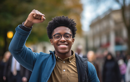 A young determined African American student, proud and confident, fighting and protesting with emotion and a raised fist against racism for rights, justice and equality - Black Lives Matterの素材