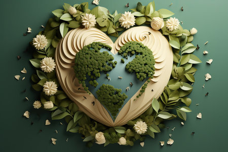 Planet Earth in the shape of heart. Earth Day or sustainable concept. Earth day concept with globe, nature and eco friendly environmentの素材