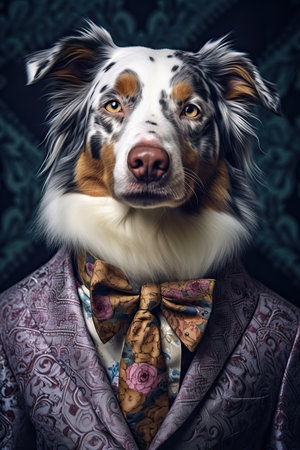 Dog Australian Shepherd dressed in an elegant suit with a nice tie. Fashion portrait of an anthropomorphic animal posing with a charismatic human attitudeの素材