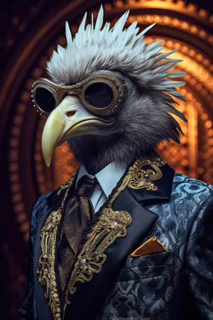 Vulture dressed in an elegant modern suit with a nice tie. Fashion portrait of an anthropomorphic animal, raptor, posing with a charismatic human attitudeの素材
