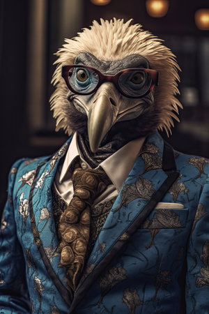 Vulture dressed in an elegant modern suit with a nice tie. Fashion portrait of an anthropomorphic animal, raptor, posing with a charismatic human attitudeの素材