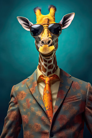 Giraffe dressed in an elegant modern suit with a nice tie. Fashion portrait of an anthropomorphic animal posing with a charismatic human attitudeの素材