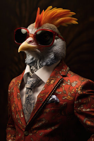 Pheasant dressed in an elegant modern suit with a nice tie. Fashion portrait of an anthropomorphic animal, bird, posing with a charismatic human attitudeの素材