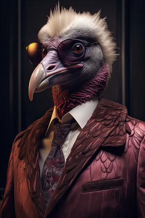 Vulture dressed in an elegant modern suit with a nice tie. Fashion portrait of an anthropomorphic animal, raptor, posing with a charismatic human attitudeの素材