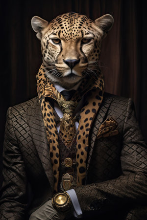 Cheetah dressed in an elegant modern suit with a nice tie. Fashion portrait of an anthropomorphic animal, feline, posing with a charismatic human attitudeの素材