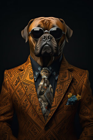 Dog Bullmastiff dog dressed in an elegant suit with a nice tie. Fashion portrait of an anthropomorphic animal posing with a charismatic human attitudeの素材