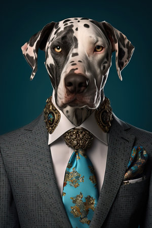Dog Catahoula Leopard dressed in an elegant suit with a nice tie. Fashion portrait of an anthropomorphic animal posing with a charismatic human attitudeの素材