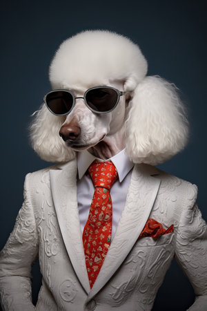 Dog, white poodle, dressed in an elegant modern suit with a nice tie, wearing sunglasses. Fashion portrait of an anthropomorphic animal posing with a charismatic humanの素材
