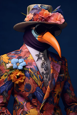 Toucan dressed in an elegant floral suit and a hat. Fashion portrait of an anthropomorphic animal, colorful bird, posing with a charismatic human attitudeの素材