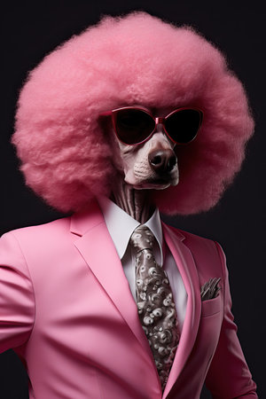 Dog, pink poodle, dressed in an elegant modern suit with a nice tie, wearing sunglasses. Fashion portrait of an anthropomorphic animal posing with a charismatic human attitudeの素材