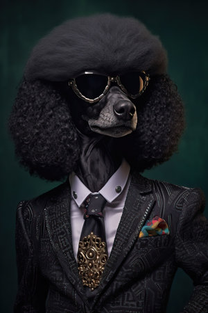 Dog, black poodle, dressed in an elegant modern suit with a nice scarf, wearing sunglasses. Fashion portrait of an anthropomorphic animal posing with a charismatic human attitudeの素材