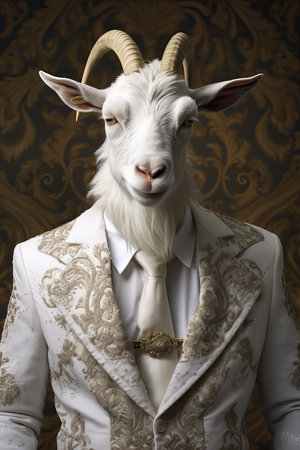 White goat dressed in an elegant modern suit with a nice tie. Fashion portrait of an anthropomorphic animal posing with a charismatic human attitudeの素材