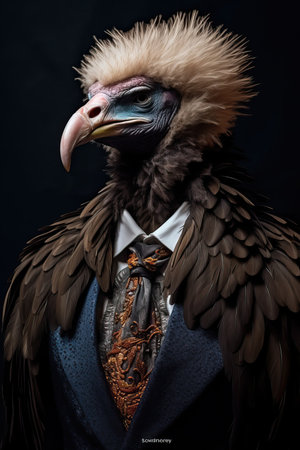 Vulture dressed in an elegant modern suit with a nice tie. Fashion portrait of an anthropomorphic animal, raptor, posing with a charismatic human attitudeの素材