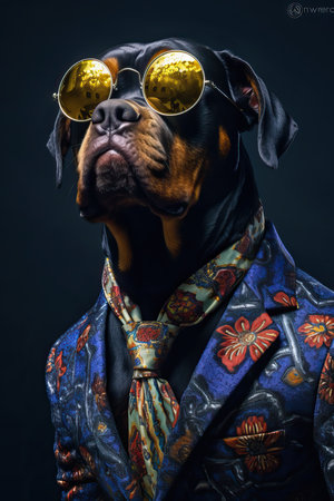 Dog Rottweiler dressed in an elegant suit with a nice tie. Fashion portrait of an anthropomorphic animal posing with a charismatic human attitudeの素材