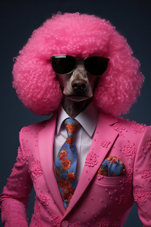 Dog, pink poodle, dressed in an elegant modern suit with a nice tie, wearing sunglasses. Fashion portrait of an anthropomorphic animal posing with a charismatic human attitudeの素材