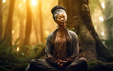 Awakening through mystical meditation. African mid age elderly senior Black woman in lotus pose in the forest, practicing yoga, mindfulness exercises, reaching nirvana, having a mystical experienceの素材