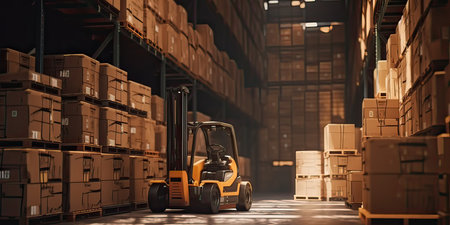 Automated Forklift doing storage in a warehouse managed by machine learning and artificial intelligence automation, robotics applied to industrial logistics, Distribution products, Commercialの素材