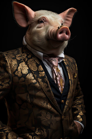 Pig dressed in an elegant modern suit with a nice tie. Fashion portrait of an anthropomorphic animal posing with a charismatic human attitudeの素材