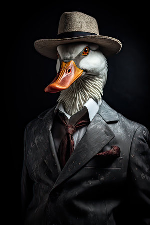 Goose dressed in an elegant modern suit with a nice tie, confident and classy. Fashion portrait of an anthropomorphic animal, bird, posing with a charismatic human attitudeの素材