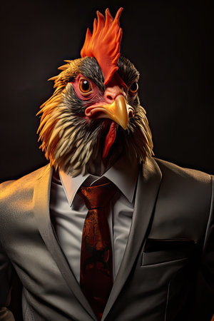 Chicken dressed in an elegant modern suit with a nice tie. Fashion portrait of an anthropomorphic animal, bird, hen posing with a charismatic human attitudeの素材
