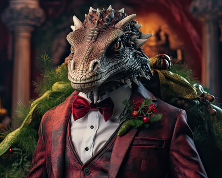 Dragon dressed in a classy modern suit, standing as a successful leader and a confident gentleman. Fashion portrait of an anthropomorphic animal, chimp, chimpanzee, posing with a charismaticの素材