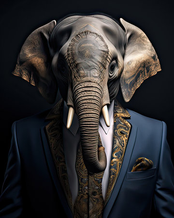 Elephant dressed in a classy modern suit, standing as a successful leader and a confident gentleman. Fashion portrait of an anthropomorphic animal, chimp, chimpanzee, posing with a charismaticの素材