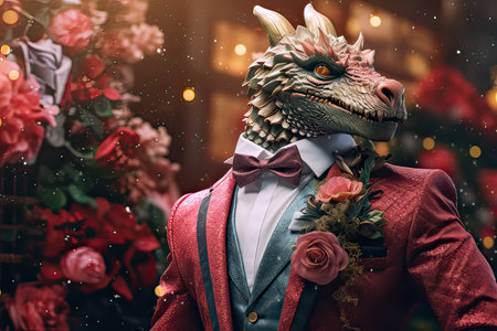 Dragon dressed in a classy modern suit, standing as a successful leader and a confident gentleman. Fashion portrait of an anthropomorphic animal, chimp, chimpanzee, posing with a charismaticの素材
