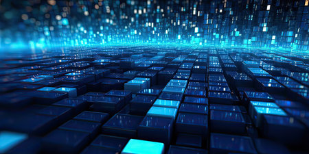 Abstract tech background with illuminated fiber optic connections, quantum computing network system and electronic global intelligence, data on computer screen backgroundの素材