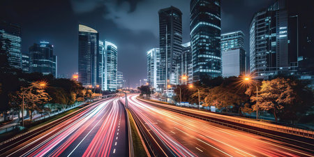 High speed urban traffic on a city highway during evening rush hour, car headlights, busy night transport captured by motion blur lighting effect and abstract long exposure photographyの素材
