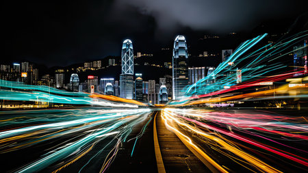 High speed urban traffic on a city highway during evening rush hour, car headlights and busy night transport captured by motion blur lighting effect, abstract long exposure photographyの素材
