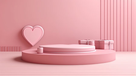 Valentine pink background pedestal podium with floating overlap hearts shape. Pastel wall minimal scene mockup product display. Abstract geometric platforms.の素材