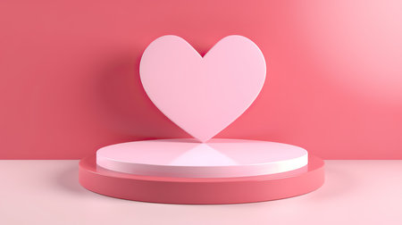 Valentine pink background pedestal podium with floating overlap hearts shape. Pastel wall minimal scene mockup product display. Abstract geometric platforms.の素材