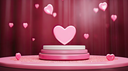 Podium background pink product love display platform red heart stand studio stage day. Background pink backdrop podium shape minimal scene room abstract pedestal gift light sale pastel romantic dayの素材