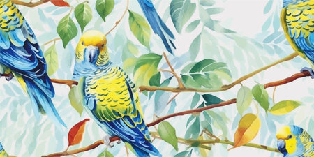 Tropical pattern with Parrot, flowers and green leaves. Vector seamless pattern, tropical illustration in vintage style on beige backgroundのイラスト素材
