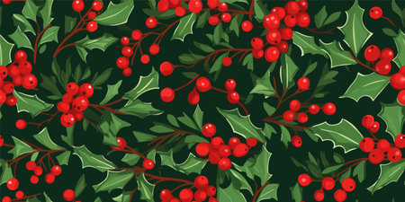 Seamless pattern with hand drawn poinsettia flowers and floral branches and berries, christmas florals.のイラスト素材