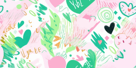 Colorful hand drawing pink green elements, flowers, shapes and text in the style of risograph native art, abstract psychedelic art, a pencil drawing, vector seamless patternのイラスト素材